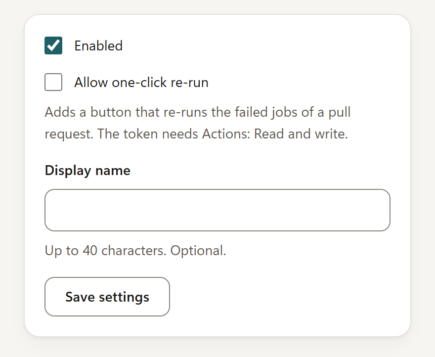 FlakeRadar's settings page: the Allow one-click re-run box is unticked, with the note that the token needs Actions: Read and write.